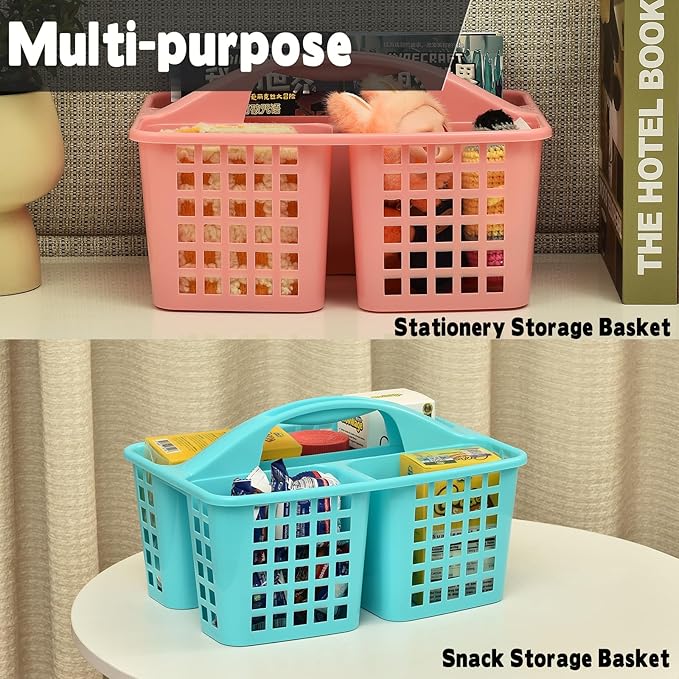 Haundry Plastic Shower Caddy Basket with 3 Compartments, Portable Divided Cleaning Supply Storage Organizer with Handle (Pink)