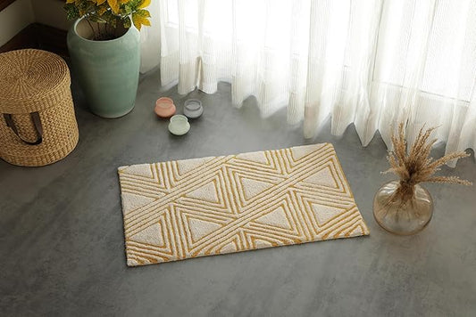 Organic Cotton Bathroom Rug, Luxury Non Slip Ultra Soft & Water Absorbent | Triangles Design Premium Bath Rug | Perfect for Tub & Shower, Toilet Floor Door Bath Mat (32"x20" Ivory & Yellow Ochre)