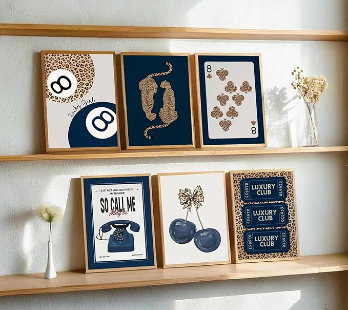 6Pcs Navy Blue Trendy Leopard Canvas Wall Art Fashion Lucky 8 Ball Painting pictures Preppy Y2K Aesthetics Wall Decor Trend Cheetah Prints Artwork for College Dorm Home Decoration 12x16in Unframed