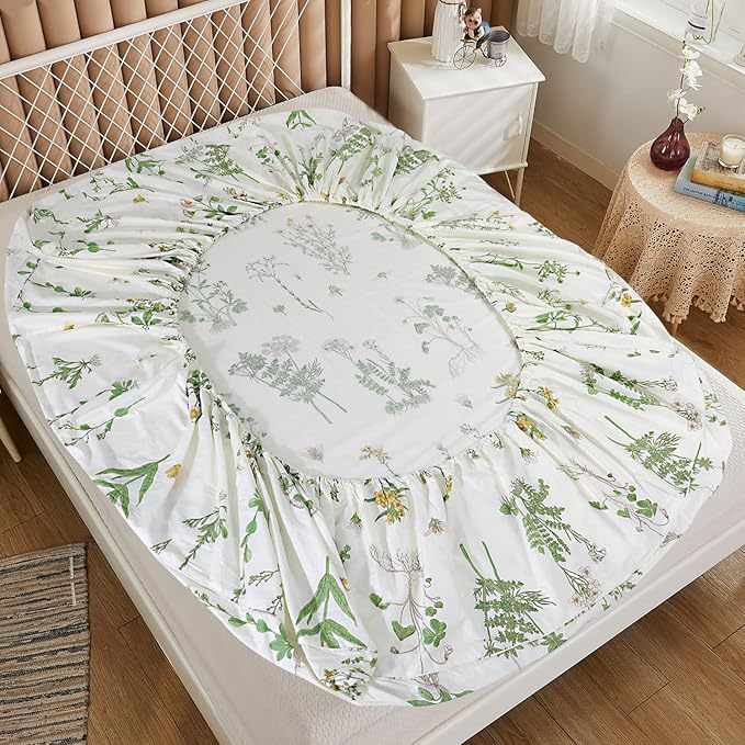 FADFAY Twin Bed Set Girls Bedding Farmhouse Bedding 100% Cotton Floral Bed Sheets Deep Pocket Flower Fitted Sheet Set Cozy House Sheets for All-Season (4Pcs, White, Twin Size)