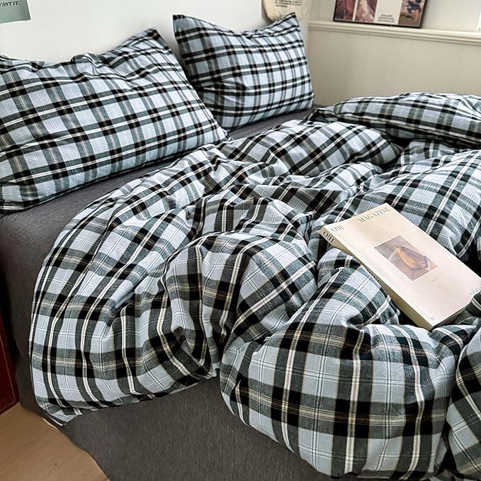 VM VOUGEMARKET Buffalo Gingham Duvet Cover Set Queen,3 Pieces Washed Cotton Bedding Set,Breathable Luxury Plaid Comforter Cover with Zipper Closure for Boys Men(Black&Grey)