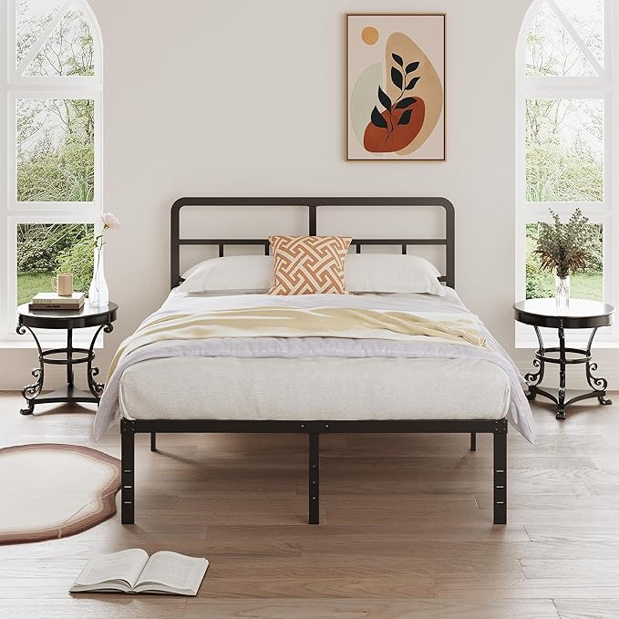 16 Inch Full Size Bed Frame with Headboard No Box Spring Needed, Heavy Duty Metal Platform with Steel Slat, Mattress Foundation, Easy Assembly, No Noise, Black