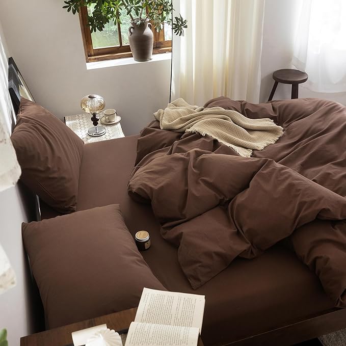 FOSSA Duvet Cover Set 100% Washed Cotton Linen Feel Super Soft Breathable Cozy 3 Pieces Bedding Sets Solid Cocoa Brown Oversized King