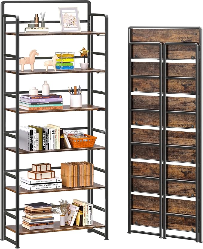 4NM No Assembly 6 Tiers Folding Bookshelf Storage Shelves Vintage Bookcase Standing Racks Study Organizer Home Office (Rustic Brown Black)