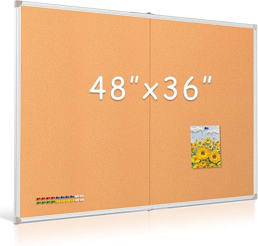 DOLLAR BOSS Foldable Cork Board, 48 x 36 Inch Corkboard, Extra Large Bulletin Board, Portable Double sided Aluminum Frame Wall Mounted Pin Board for Office School Supplies Dorm Decor with 20 Push Pins