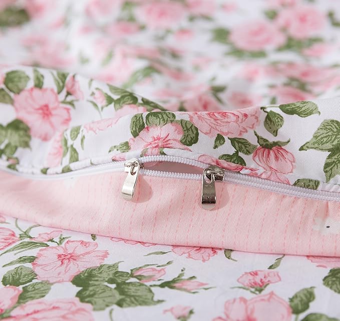 FADFAY Duvet Cover Set Pink Rose Floral Bedding Vintage Peony Flower Quilt Cover Set Shabby Farmhouse Bedding 100% Cotton Comforter Cover with Hidden Zipper Closure 3Pcs, King/California King Size