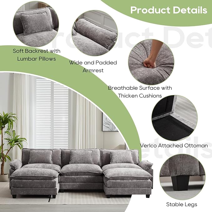 120" Modular Sectional Sofa, Comfy Cloud Couch Sectional Sofa with Ottoman, Chenille Sofa Sleeper Deep Seat Sofa with Throw Pillows for Living Room (Light Gray, 120"- U Shape)