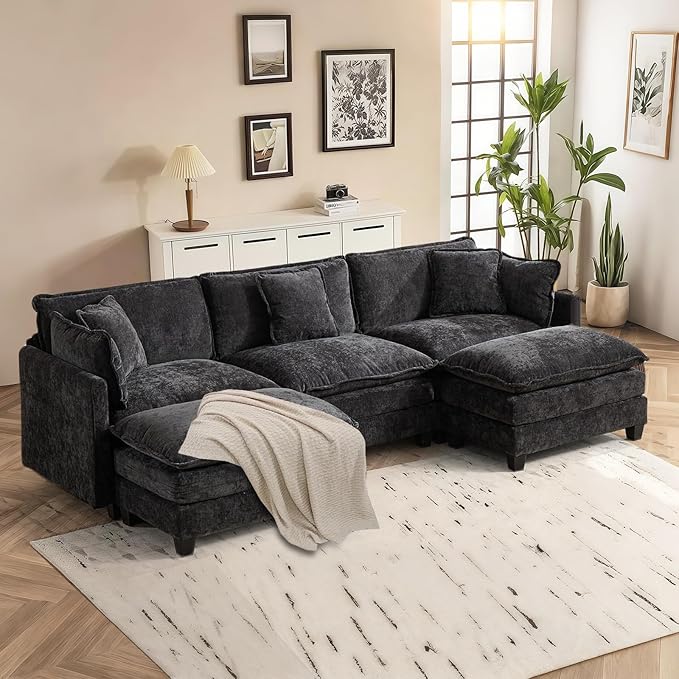 SoarFlash 113.78" Chenille Sectional Sofa, Comfy U Shaped Modular Coush Sofa with Ottoman, Modern 4 Seat Couch Deep Seat Sofa Set for Living Room,Black