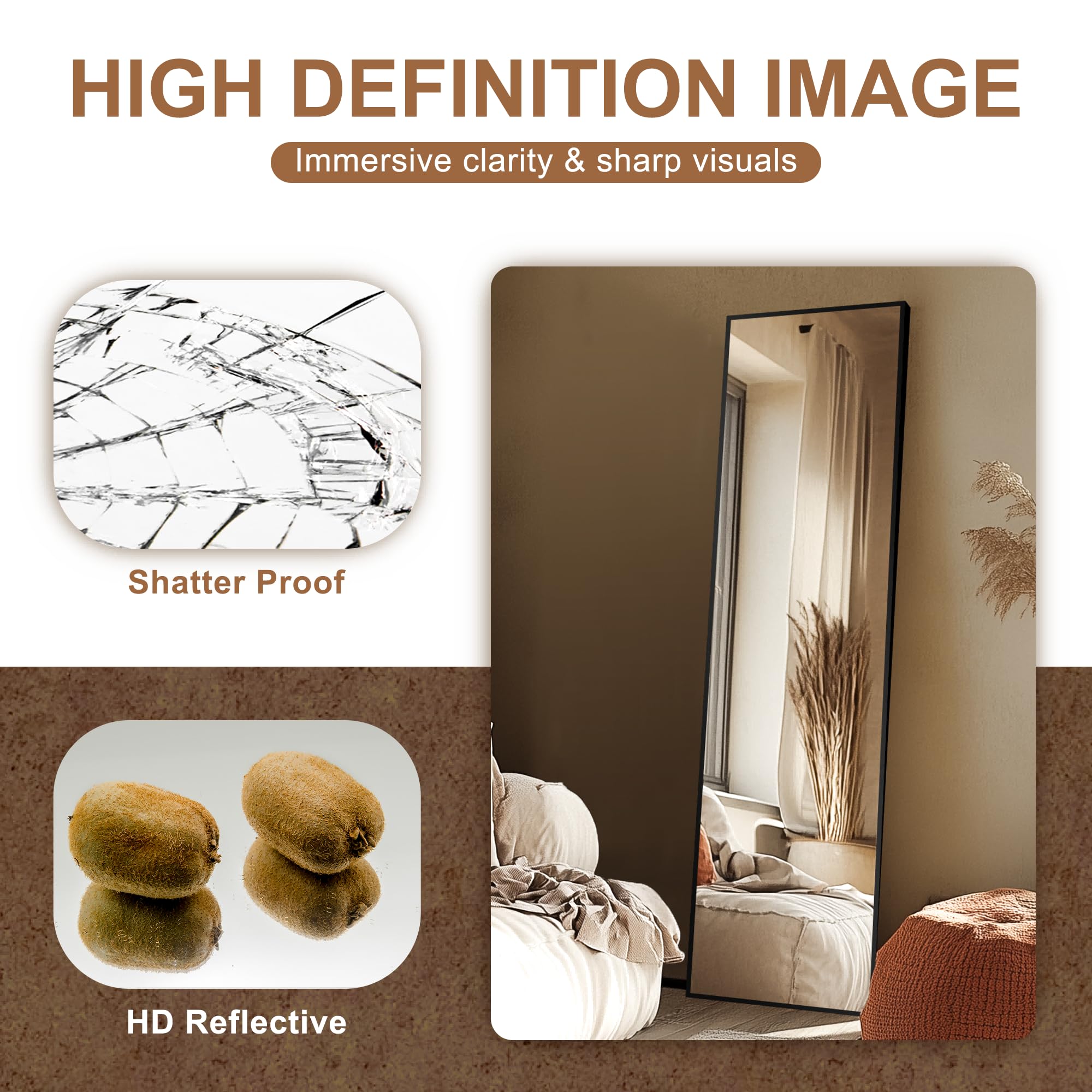 Delma Wall Full Length Mirror,Standing Mirror Full Body,Large Floor for Wall Door Bedroom Bathroom Living Room with Aluminium Frame(with Stand,56x15-Black) Dormly