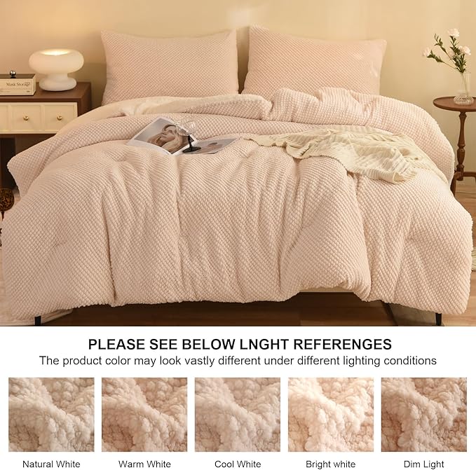 3D Jacquard Design Comforter Set, Ultra-Soft Warm King Size Sherpa Fur Plush 3-Pieces Sets Luxury Cozy Bedding with 2 Pillowcases (104"x90", Cream White)