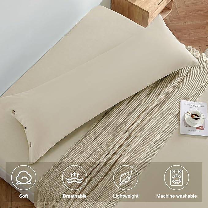 JELLYMONI Pillowcase Body Cotton 1pc Button Light Khaki Pillow Case 20×54in 100% Washed Cotton Soft Breathable Pillow Covers(Pillows are not Included)