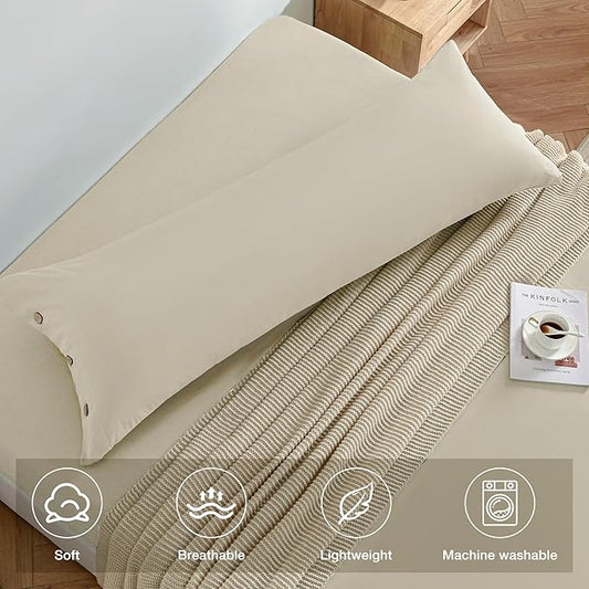 JELLYMONI Pillowcase Body Cotton 1pc Button Light Khaki Pillow Case 20×54in 100% Washed Cotton Soft Breathable Pillow Covers(Pillows are not Included)