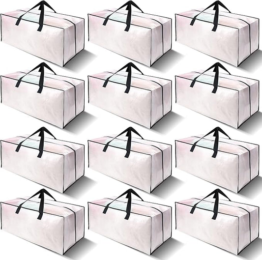 12 Pack Heavy Duty Large Moving Bags W/Backpack Straps - Strong Handles & Zippers, Storage Totes For Space Saving, Fold Flat, Alternative to Moving Box and Storage Bin, Semi-Transparent