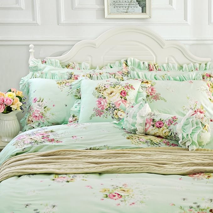 FADFAY Green Floral Duvet Cover Sets Vintage Flower Printed Bedding Ultra Soft 100% Cotton Twin Extra Long Designer Bedding Set 3 Pieces, 1duvet Cover & 2pillowcases (Twin XL Size, Ruffle Style)