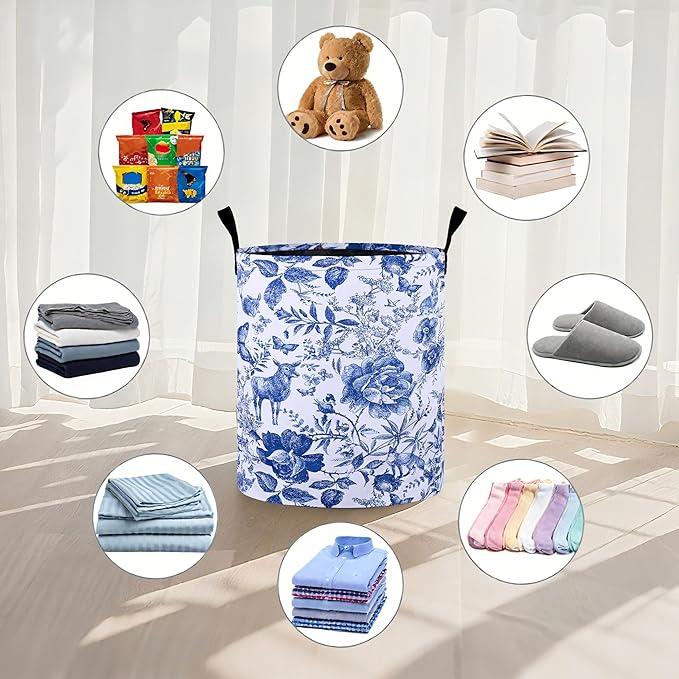 Blue Floral Laundry Basket Foldable Oxford Cloth Tote Bag Laundry Hamper Clothes Storage Bucket Organizer For Bathroom/Laundry Storage/Bedroom 19.6x15.7 Inch
