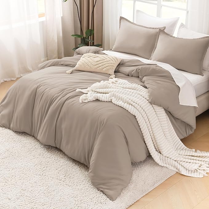 Litanika Light Coffee Comforters Oversized Queen Size, 3 Pieces Lightweight Solid Bedding Comforter Set, All Season Fluffy Bed Set (98x98In Comforter & 2 Pillowcases)