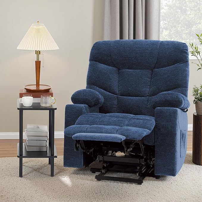 MCombo Oversized Power Lift Recliner Chair with Extended Footrest, Extra Wide 27.2" for Big and Tall Elderly People, Fabric R7289 (Navy Blue, Medium-Oversize)