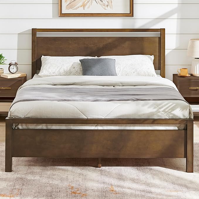 AMERLIFE Queen Size Solid Wood Bed Frame with Headboard, Minimalist Platform Bed with Wooden Slats Support/No Box Spring Needed/Easy Assembly/Noise-Free, Dark Brown
