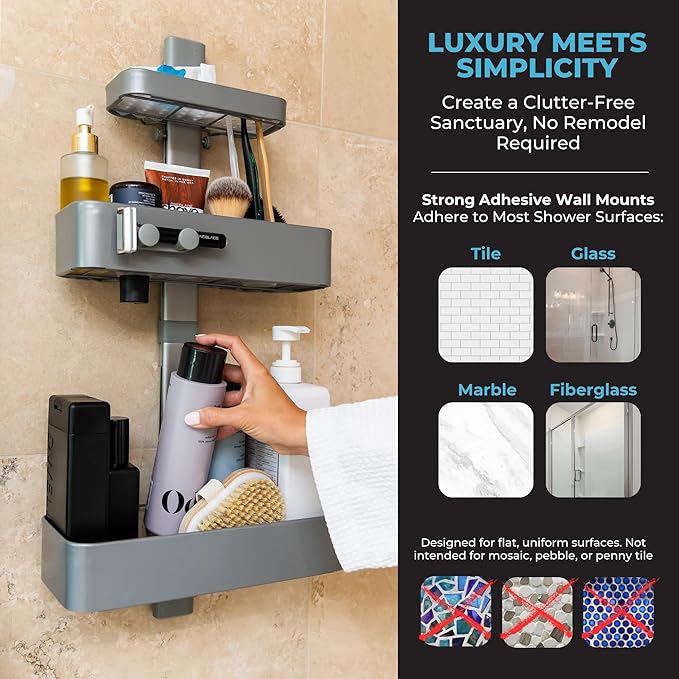 Rust Resistant Hygienic Shower Caddy – Hanging Bathroom Organizer with Adjustable Shelves, Easy Clean Trays & Magnetic Hooks for DIY Remodels & Shower Niches - Black