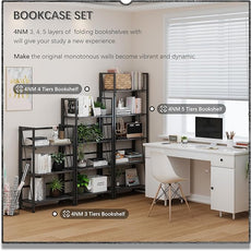 4NM No Assembly Folding Bookshelf Storage Shelves 3 Tiers Vintage Bookcase Standing Racks Study Organizer Home Office (Gray Black)