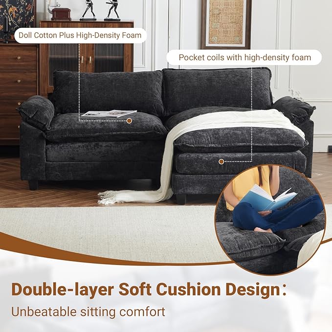 VINGLI 87" Convertible Sectional Sofa,L-Shape Deep Seat Sofa Couch for Living Room,Modern Chenille 2 Seat Loveseat Sofa with Ottoman for Small Space(Black, 87")