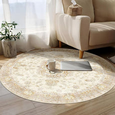 Boho Round Rug 5ft, Circle Area Rugs for Bedroom Living Room Bedside,Washable Vintage Bohemian Distressed Oriental Floral Carpet Non Slip,Retro Beige Floral