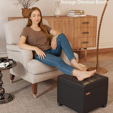 17.7 inches Synthetic Leather turfed Ottomans Cube with Storage, Metal-Framed Square Storage Ottoman Foot Rest Stool Holds 770 LB for Dorm Living Room Bedroom Black UASND63B