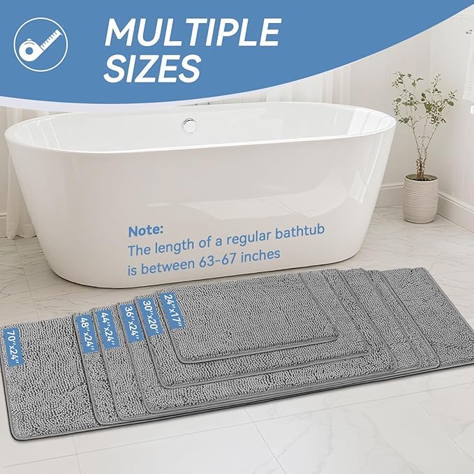 Bcoimo 70"×24" Absorbent Bath Mat, Non-Slip with Backing Chenille Bath Rug and Machine Washable Bathroom Mat Quick-Dry Design. Ideal for Bathroom and Tub Areas