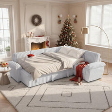 Modular Sectional Sleeper Sofa with Pull Out Bed, U Shaped 7 Seat Sectional Couches for Living Room, 110 Inch Sofa Bed with Armrest Pillows | Hidden Storage | USB Charging | Cup Holder, White