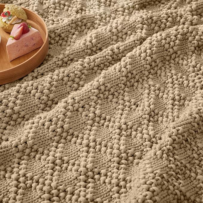 Knitted Weighted Blanket for Adult, Chunky Knit Weighted Throw for Sleep 60"*80" 12lbs, Cooling Breathable Machine Washable Fall Heavy Blanket for Room Decor (Beige, Queen)