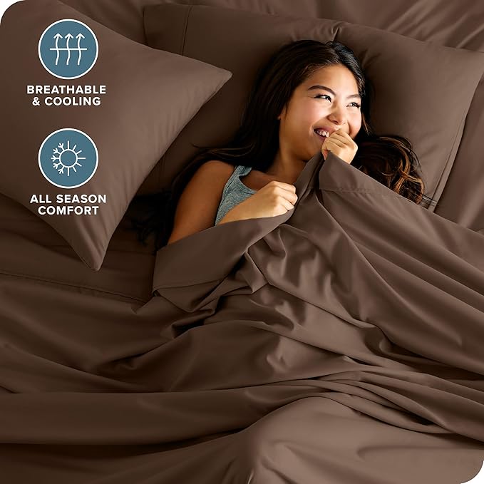 Bare Home Hotel Luxury Split King Sheet Set, Extra Soft - 7 Piece Set - Deep Pockets - Easy Fit - Cooling & Breathable - Wrinkle, Fade, Stain Resistant - Includes 4 Pillowcases (Split King, Cocoa)