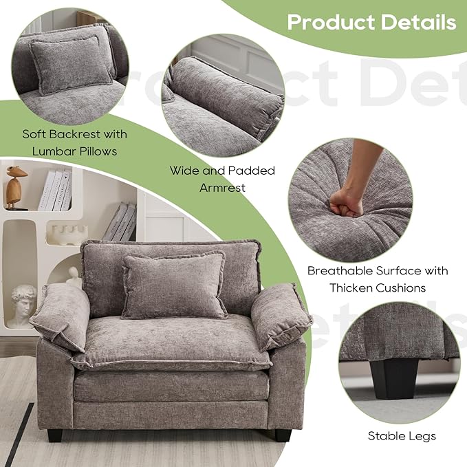 Modular Sectional Sofa, Comfy Cloud Couch Sectional Sofa, Chenille Sofa Sleeper Deep Seat Sofa with Throw Pillows for Living Room (Light Gray, 53"- Single Seat)