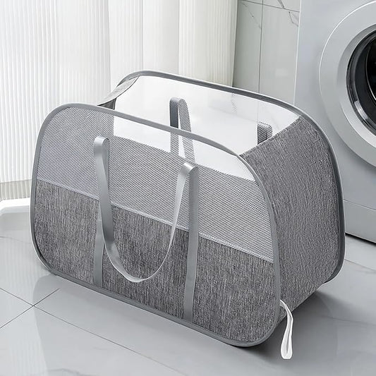 Large Collapsible Laundry Hamper, Gray Oxford Cloth 95L Capacity laundry basket with Handles,Breathable Mesh Design, Sturdy Steel Frame Clothes Hamper,26.8x12.2x17.7 Inch