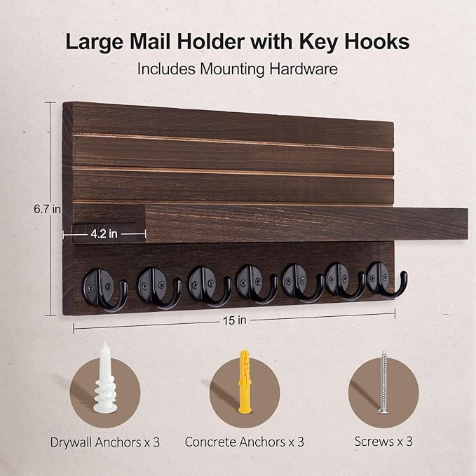 Key Holder Wall Mount, Entryway Key and Mail Holder with 7 Sturdy Hooks for Sunglasses, Dog Leash, Decorative Wall Shelf with Mounting Hardware, 15”W x 6.7”H x 4.2”D (Brown)