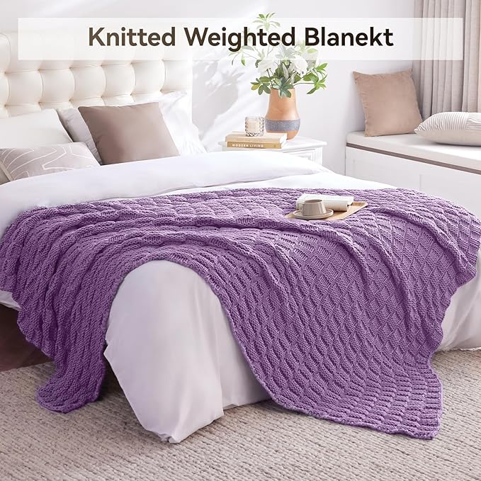 Knitted Weighted Blanket for Adult, No Beads Heavy Blanket 50” x 60'' 7lbs, Breathable Chunky Knit Blanket, Cooling Weighted Blanket for Hot Sleepers, Christmas Home Decor (Lilac)
