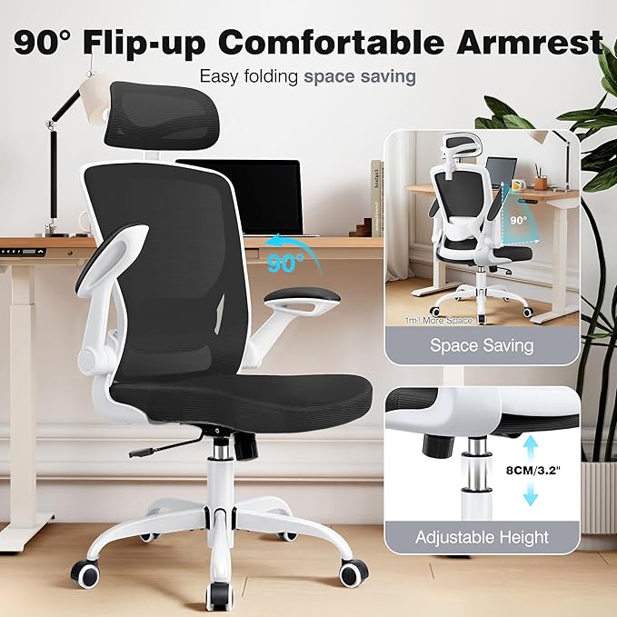 Home Office Desk Chairs, Ergonomic Office Chair with Lumbar Support, Headrest, Flip-up Armrests, Comfy Desk Computer Chair for Gaming, Work, White