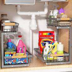 Under Sink Organizer Storage 2 Pack, 2 Tier Slide Out Height Adjustable Pull Out Cabinet Organizer Drawer for Kitchen Bathroom Large Under Sink Shelf Rack Caddy for Pantry, Grey