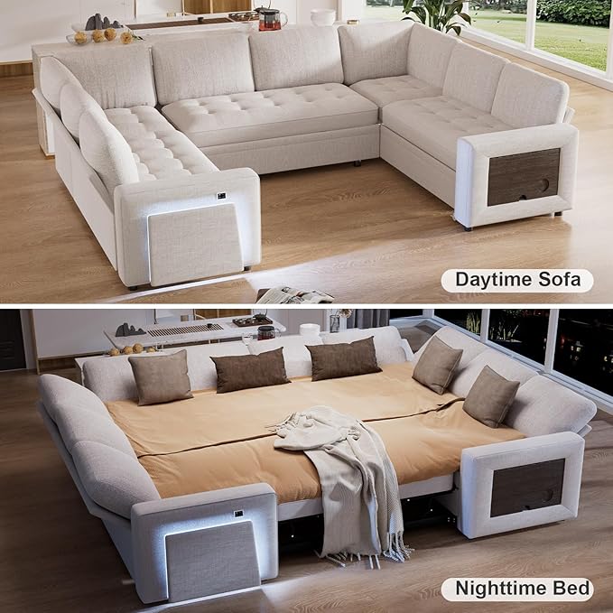 WEUP 8 Seat U Shaped Sectional Sleeper Sofa Bed with Pull Out Bed, Chenille Sectional Sleeper Couch with Adjustable Backrest, USB Ports, LED, Side Table, Tool-Free Assembly, Chenille Beige