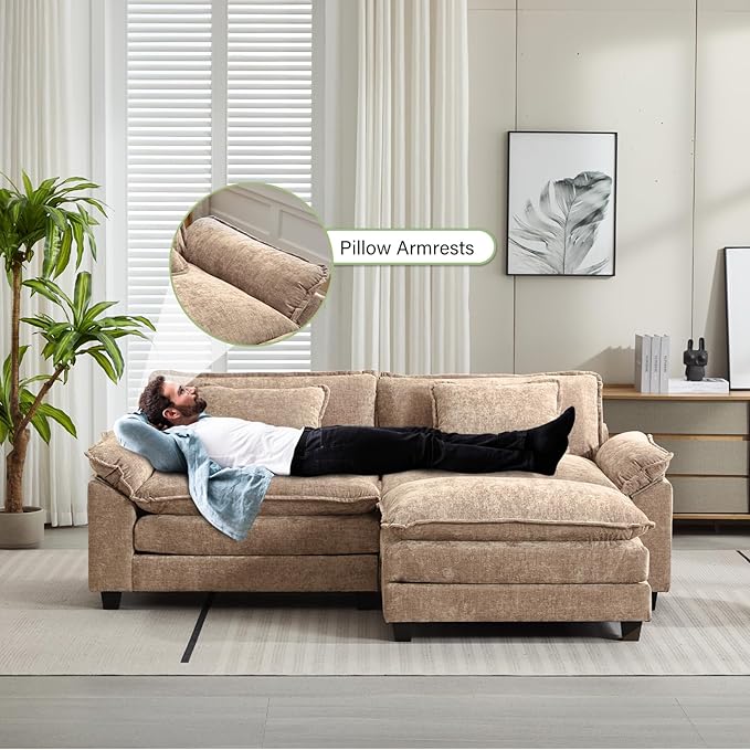86" Modular Sectional Sofa, Comfy Cloud Couch Sectional Sofa with Ottoman, Chenille Sofa Sleeper Deep Seat Sofa with Throw Pillows for Living Room (Khaki, 86"- L Shape)