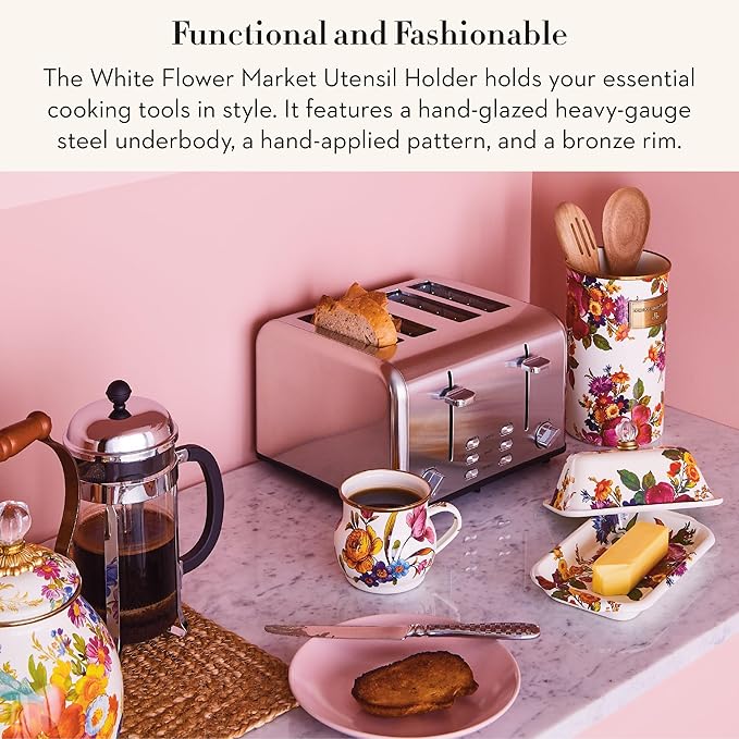 MACKENZIE-CHILDS Enamel Utensil Holder, Kitchen Utensil Holder for Countertop, Storage Caddy, White Flower Market