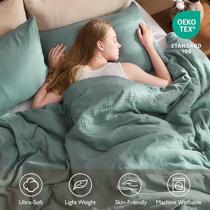 EMME Muslin Cotton Duvet Cover Set Teal King Size Linen Like Soft Breathable Lightweight Summer Comforter Cover Set with Zipper Closure (Teal, King, 104"x90")