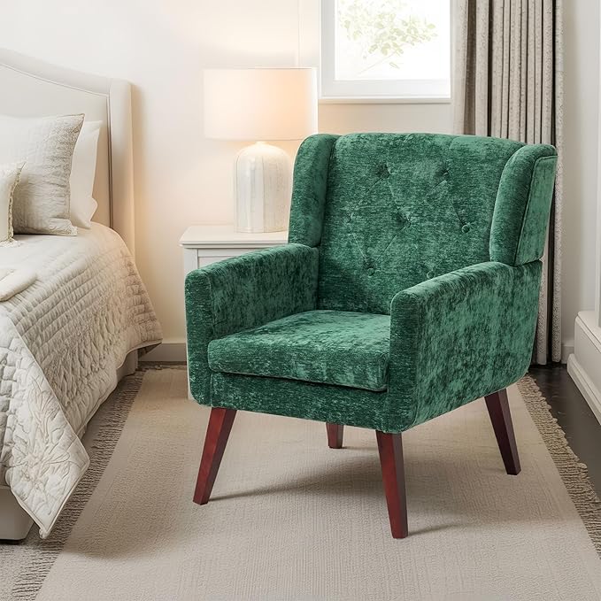 Accent Chair Button-Tufted Upholstered Living Room Chairs Comfy Reading Chair Mid Century Modern Chair with Linen Fabric Lounge Arm Chairs for Living Room Bedroom（Green Set of 2）