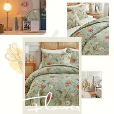 MKXI Farmhouse Floral Comforter Set Gorgeous Bed Comforter Print Orange Pink Flowers On Green Queen Size Botanical Comforters Vine Pattern Aesthetic Bedding Comforter for All Season