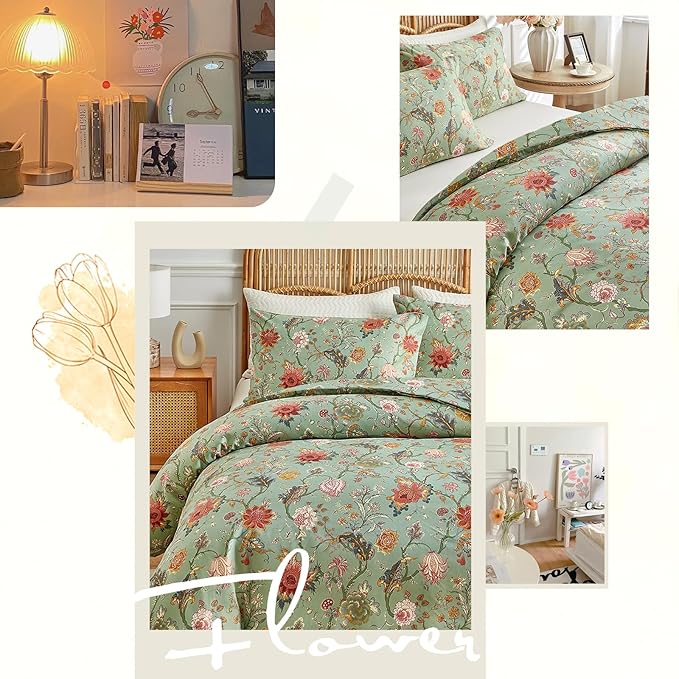 MKXI Farmhouse Floral Comforter Set Gorgeous Bed Comforter Print Orange Pink Flowers On Green Queen Size Botanical Comforters Vine Pattern Aesthetic Bedding Comforter for All Season