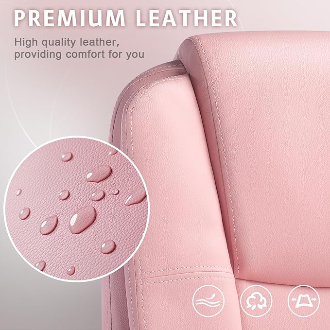 LEMBERI Office Desk Chair, High Back Executive Computer Chair, Ergonomic Big and Tall Adjustable PU Leather Chairs with Padded Armrest for Long Time Sitting, Pink