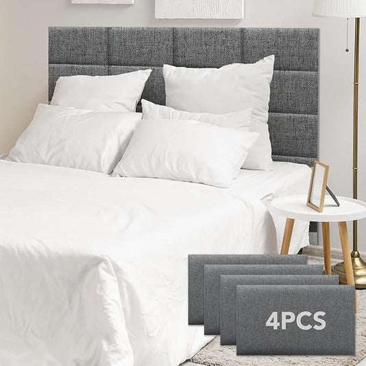 4 Piece Linen Fabric Peel and Stick Headboard, Upholstered Wall Mounted Headboard for Twin, 3D Anti-Collision Soundproof Self-Adhesive Wall Panel for Bedroom 16.53" x 9.84"