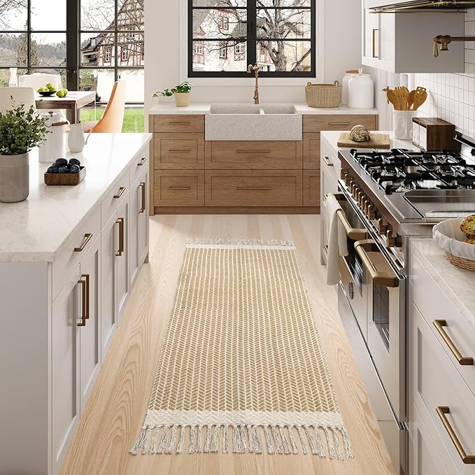 Lahome Boho Kitchen Runner, 2x4.3 Bathroom Runner Rug Lightweight Entryway Rugs Woven Cotton Throw Mat with Tassels, Farmhouse Non Shedding Washable Rug Low Pile Runners for Bedroom Doorway, Khaki