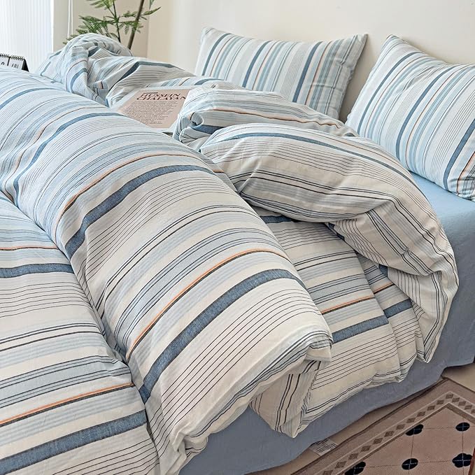 VM VOUGEMARKET Striped Duvet Cover Set 100% Washed Cotton Linen Like Textured Breathable Durable Soft Comfy Bedding Set (Blue Stripes, King 104"x90")