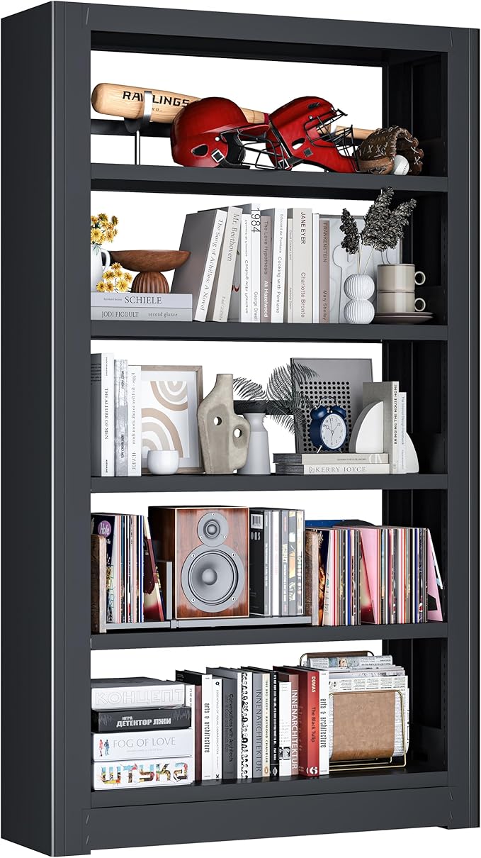 Metal Bookshelf, 5 Tier Bookshelf with Adjustable Shelves, Black Bookcase, Heavy Duty 69” Tall Bookcase, Large Book Case Book Shelf for Bedroom, Living Room, Office, Library
