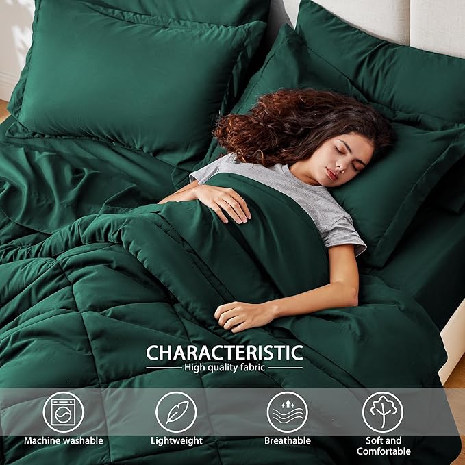 Love's cabin King Size Comforter Set Dark Green, 7 Pieces King Bed in a Bag, All Season Bedding Sets with 1 Comforter, 1 Flat Sheet, 1 Fitted Sheet, 2 Pillowcase and 2 Pillow Sham